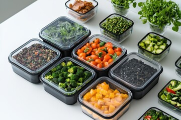 Organized meal prep displayed on a counter with overhead lighting bright and clean environment aesthetic food arrangement