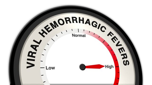 Viral Hemorrhagic Fevers text with a barometer or tachometer-style gauge, illustrating varying levels of severity and progression in the disease