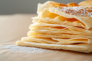 Flaky pastry layers showcase studio setting food photography soft lighting angled shot realistic detail