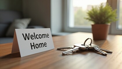 Welcome Home sign next to keys on a wooden table with plants  