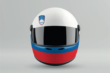 Front view of racing helmet featuring Slovenia flag colors