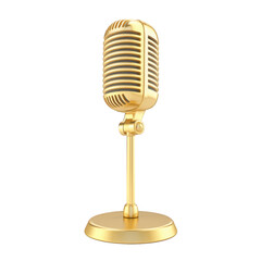 Fototapeta premium vintage style golden microphone stands elegantly, exuding sense of classic charm and sophistication. Its retro design and shiny finish make it striking piece for any audio setup