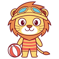 Lion Cartoon Character Wearing Swimsuit and Goggles Holding Colorful Beach Ball