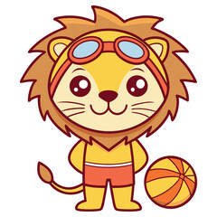 Cartoon lion with goggles, orange shorts holding basketball on white background