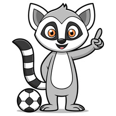 Cartoon Lemur with Soccer Ball Raising Finger on Isolated White Background