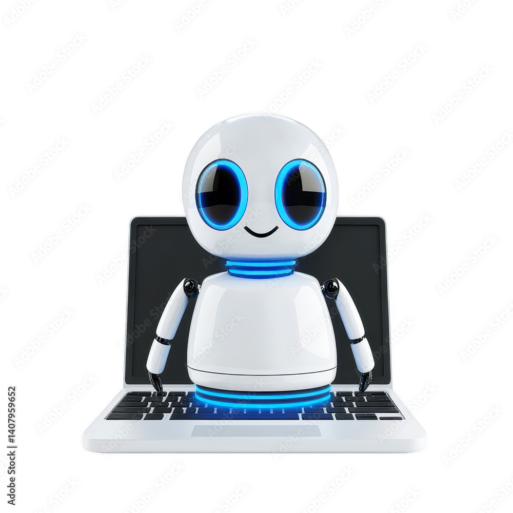 Poster cute, futuristic robot with blue accents sits on laptop keyboard, showcasing technology and innovati
