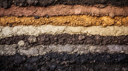 Obraz premium A close up shot showcasing distinct layers of soil with varying colors and textures in a horizontal view