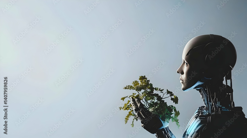 Poster pixelated robot holding a small green plant with a soft blue background in profile view artificial i