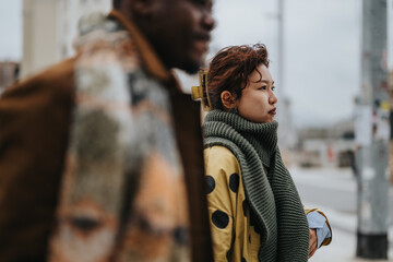 Two persons walking briskly outdoors, dressed warmly for the cold weather. The background features urban scenery with muted tones. The feeling conveys crisp weather and companionship.