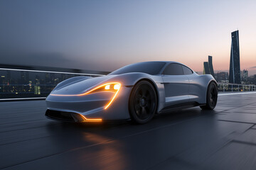 Sleek silver electric sports car with glowing LED headlights driving on a modern urban highway during sunset