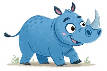 Obraz premium Cute Blue Rhino Character isolated on white background. A playful blue rhino cartoon character isolated on a white background, perfect for children s illustrations or educational designs