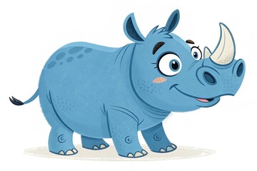 Fototapeta premium Cute Blue Rhino Character isolated on white background. A playful blue rhino cartoon character isolated on a white background, perfect for children s illustrations or educational designs