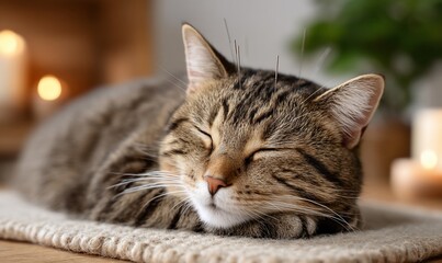 Peaceful tabby cat resting, acupuncture needles