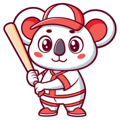 Cartoon Koala Holding Baseball Bat in Uniform and Red Cap Isolated on White
