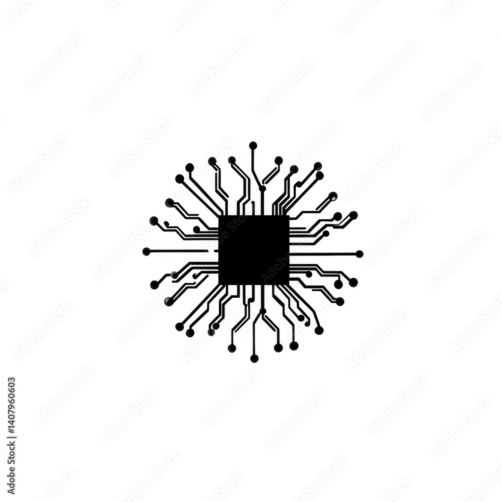 Poster this features central microchip with intricate circuit lines radiating outward, resembling digital s
