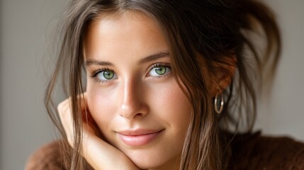 Naklejka premium Portrait of a beautiful woman with stunning green eyes and a gentle smile, gazing toward the viewer