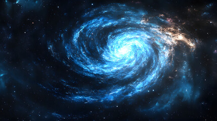 Fototapeta premium A mesmerizing spiral galaxy illuminated by brilliant blue and white hues against a star-studded cosmic backdrop.