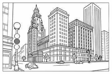 Fototapeta premium Coloring Pages, City Scenery full of tall buildings, colorless, black and white