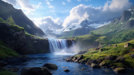 Fototapeta premium Wide-angle view of high mountain waterfall crashing onto rugged rocks, mist and clouds around