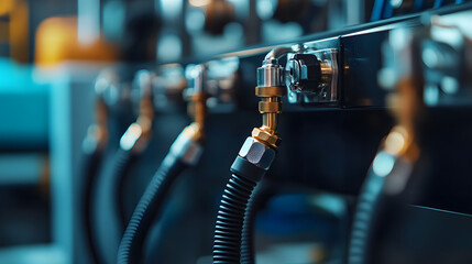 Close-up of industrial machinery showcasing connecting pipes and fittings in a modern workshop setting.