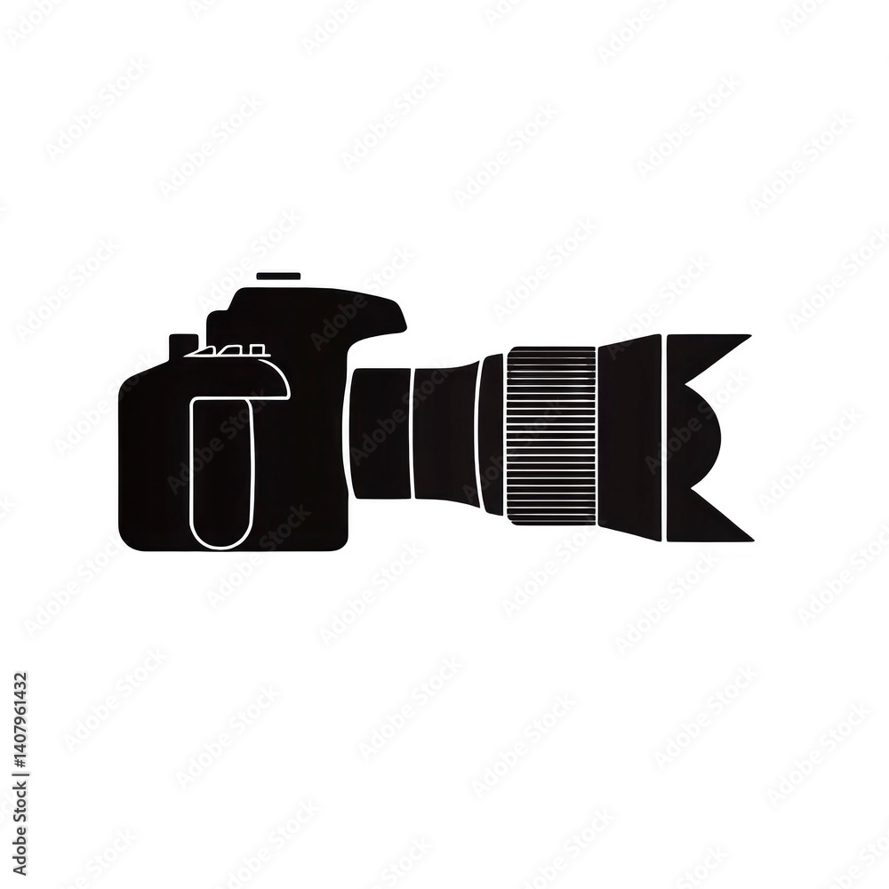 Poster silhouette of dslr camera with large lens is depicted, showcasing its distinct shape and features. i