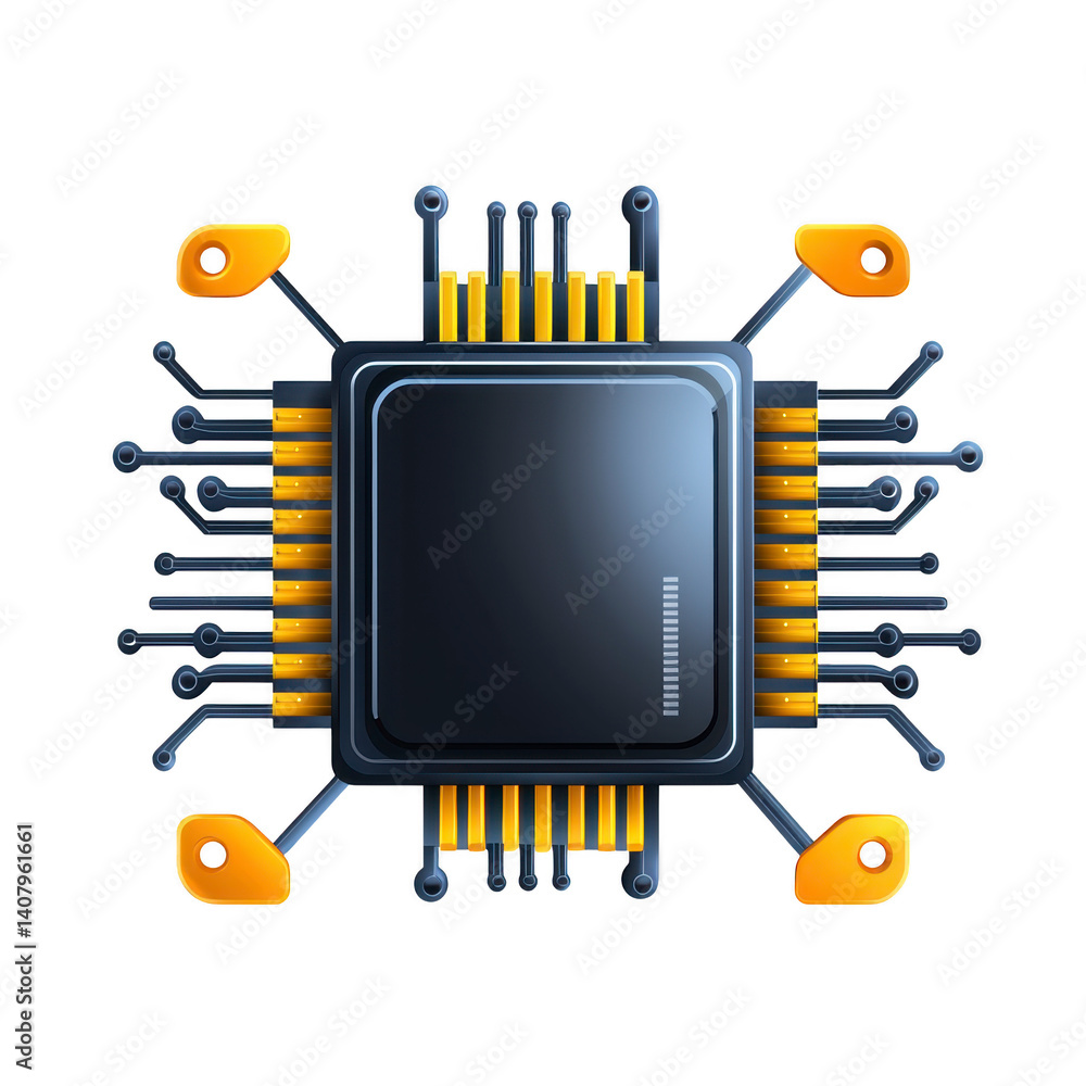 Poster digital illustration of microchip with metallic and orange elements, showcasing intricate circuit de