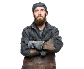 A determined worker with crossed arms. Wearing gloves and workwear against a solid background. Captures the essence of hard labor and resilience.