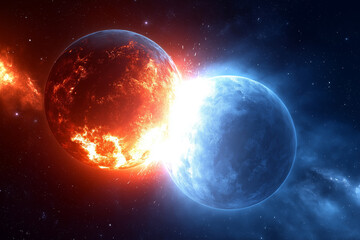 Obraz premium Explosive Impact of Fire and Ice Planets in Space