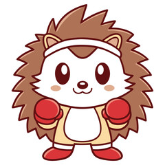 Smiling Hedgehog Cartoon Character with Headband and Boxing Gloves on White