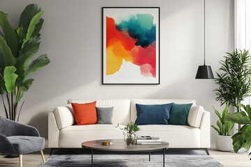 Modern living room with abstract colorful art and bright furniture