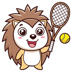 Joyful Hedgehog Cartoon Holding Tennis Racket and Ball on White Backdrop