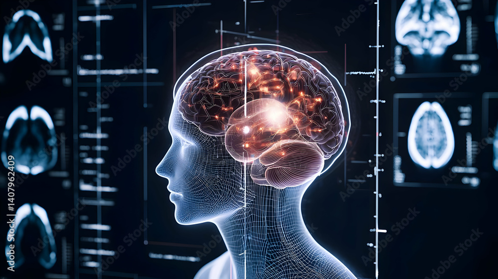 Aufkleber illuminated 3d brain in profile against backdrop of medical imaging showing neural network connectiv