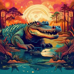 Generated image of a Majestic Crocodile at Sunset