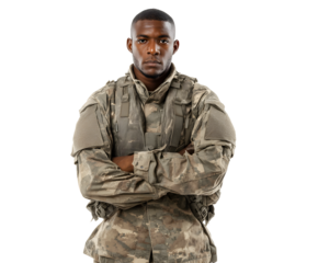 A man with dark skin dressed in camouflage stands with his arms crossed. He projects strength and stands in front of a black background.