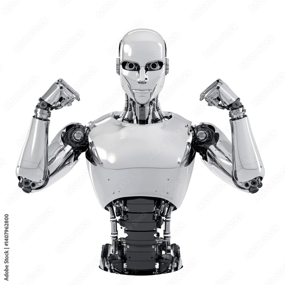 Poster humanoid robot with sleek metallic design flexes its arms, showcasing advanced technology and futuri