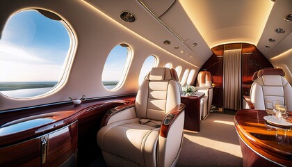 a luxurious interior of a private jet showcasing a comfortable seat stylish decor and refreshing views of the sky embodying the epitome of elite travel lifestyle and sophistication