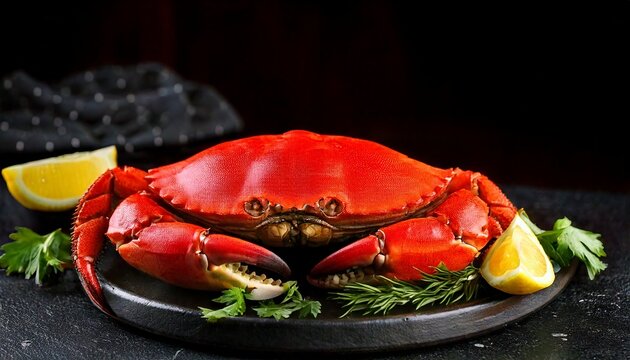 Firefly Whole steamed crab with bright red shell, served with lemon wedges and herbs, elegant presen