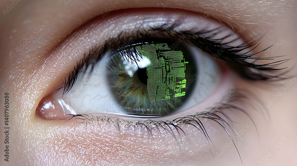 Poster close up of green eye with digital data displayed on iris biometric security technology and futurist