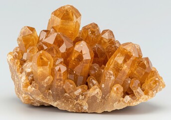 A close up shot of a cluster of citrine crystals with a light background and intricate formations
