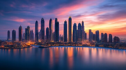 Fototapeta premium Evening skyline reflecting in colorful twilight scenery high resolution picture