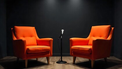 An atmospheric podcast or interview room featuring two orange sofa chairs and microphones, set against a dark background with spotlighting to enhance focus and ambiance., created with generative ai