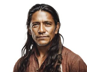 Portrait of a thoughtful man with long dark hair and a reddish-brown shirt, captured in a studio setting with a plain black background.