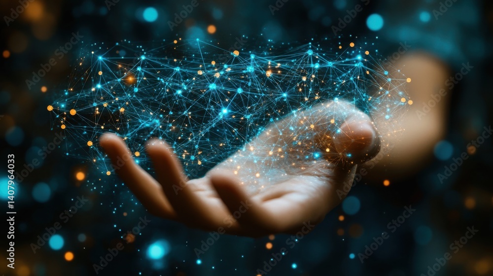 Poster hand holding a network of data connections representing technological progress,digital innovation,stock image
