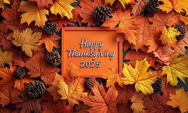 Happy Thanksgiving 2025 greeting card with autumn leaves and pine cones.