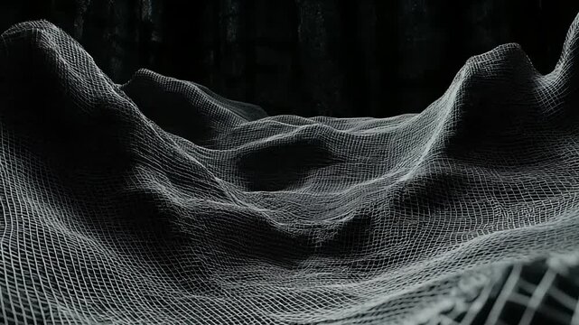 Abstract digital landscape of undulating grid.  A textured, mesh-like terrain, suggesting a digital or virtual world.  Dark background enhances the form