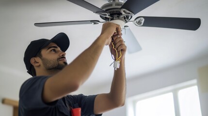 Hispanic electrician installing wiring for ceiling fans. Featuring electrical work and home improvement