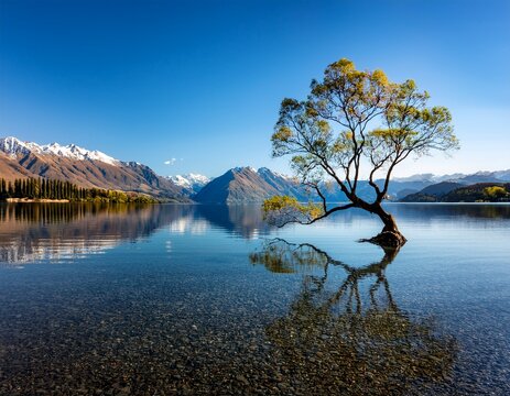 lone tree at lake wanaka serene waters reflecting a solitary tree surrounded by majestic mountains evoking peaceful solitude in nature