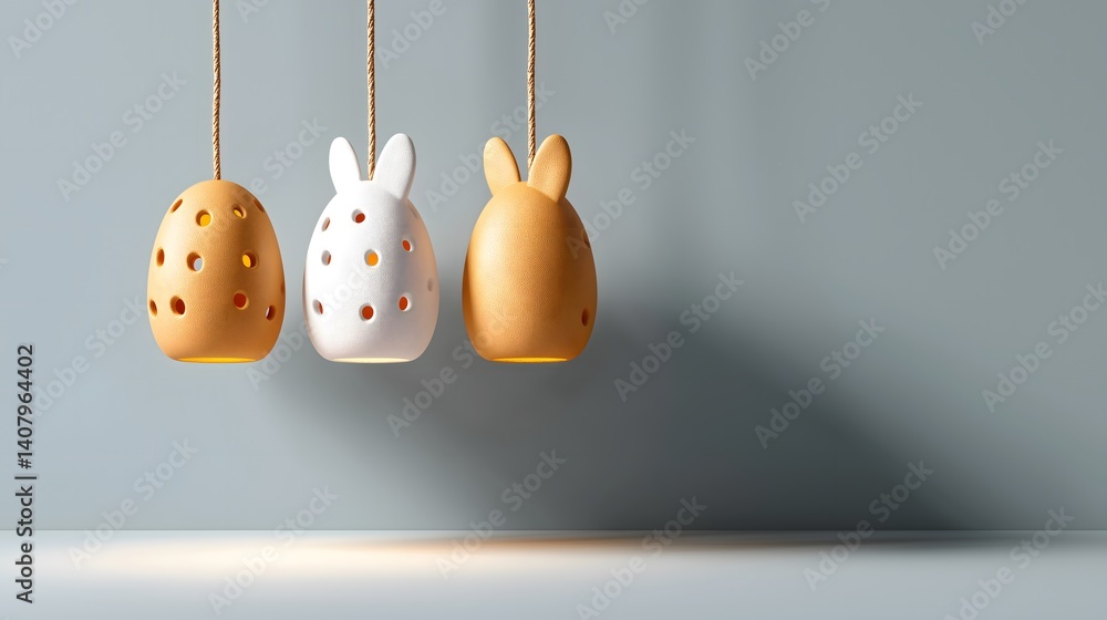 Poster easter and lamp: hanging lamp with easter pattern cutouts projecting shadows on walls.