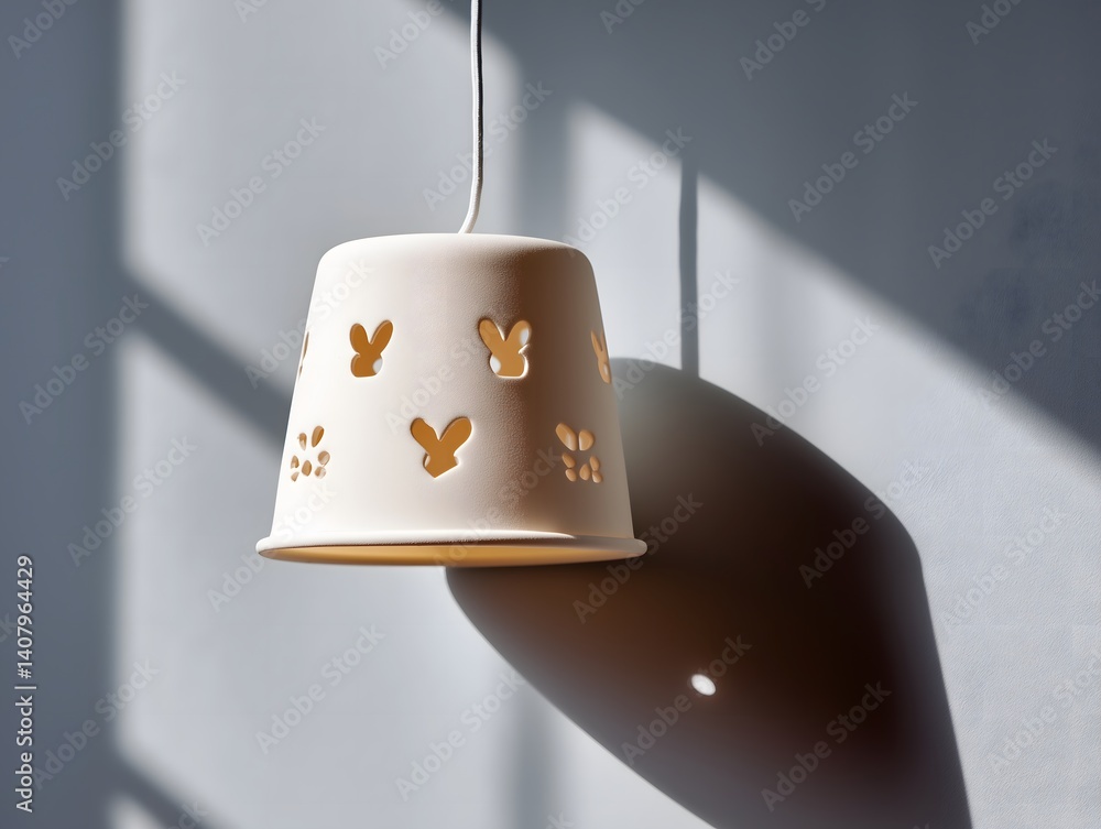 Poster easter and lamp: hanging lamp with easter pattern cutouts projecting shadows on walls.