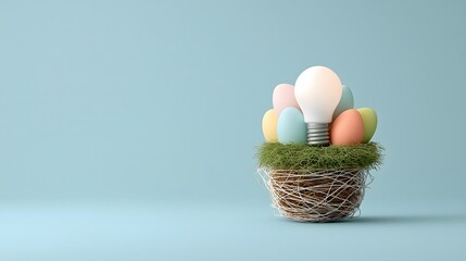 Easter and lamp: Light bulb nest filled with glowing Easter eggs, eco design concept.